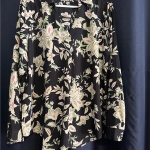 Maurices Black Floral Blouse with Green and Cream Accents